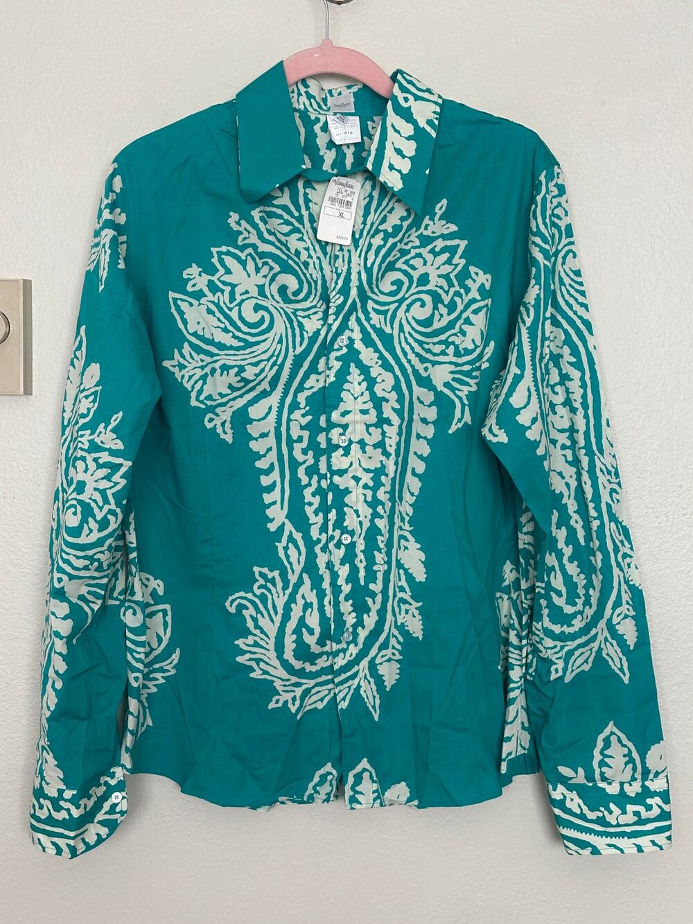 NWT Vintage 80s Craig Taylor XL Unisex Button Long Sleeve Shirt Teal Paisley